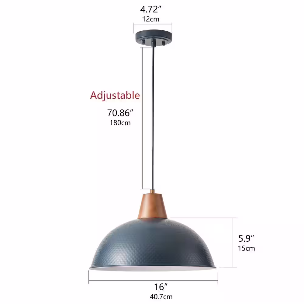aiwen 1-Light Blue Vintage Pendant Light Adjustable Ceiling Hanging Lights with Hammered Metal Shade