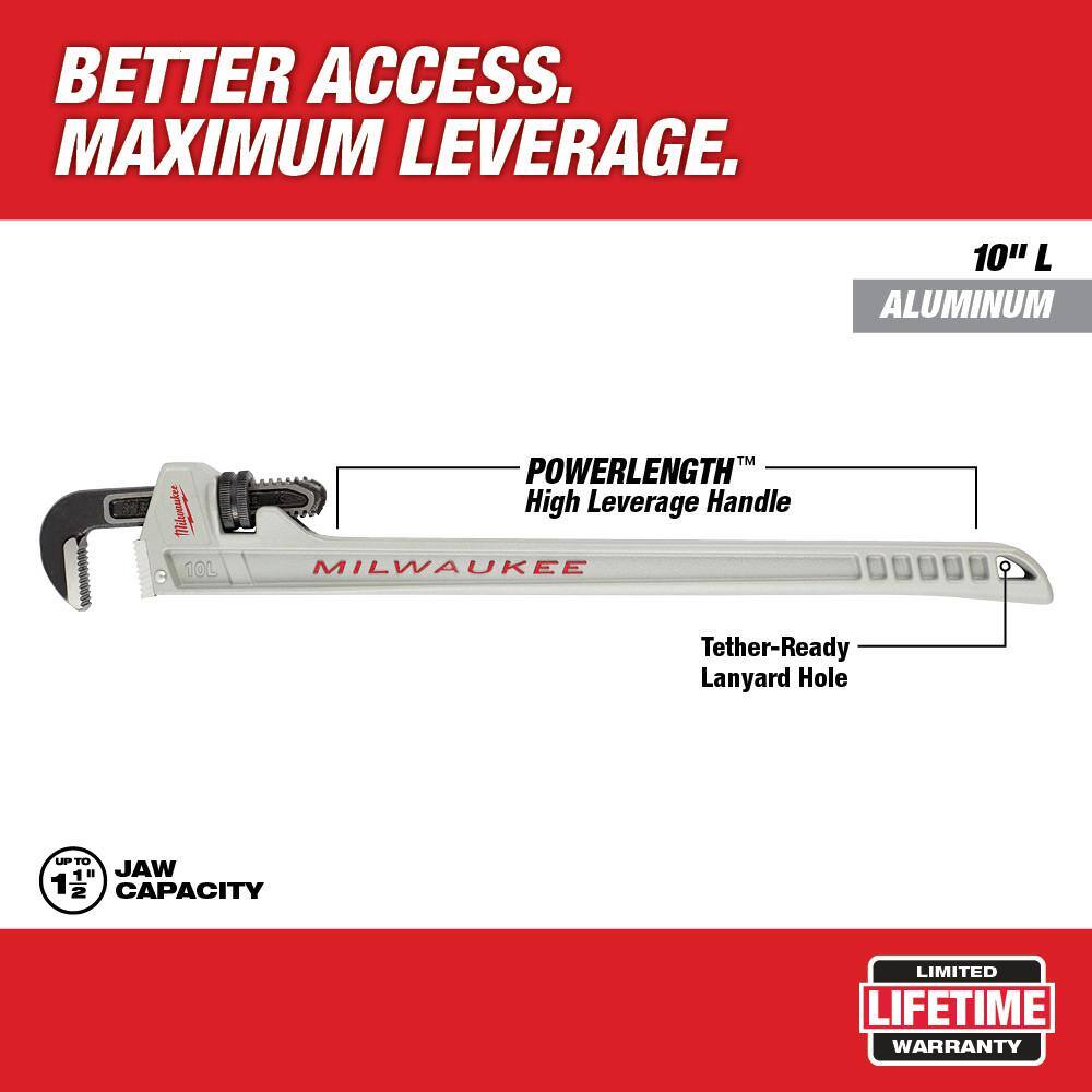 Milwaukee 10 in. Aluminum Pipe Wrench with Power Length Handle with Al. Cheater Wrench (2-Piece)