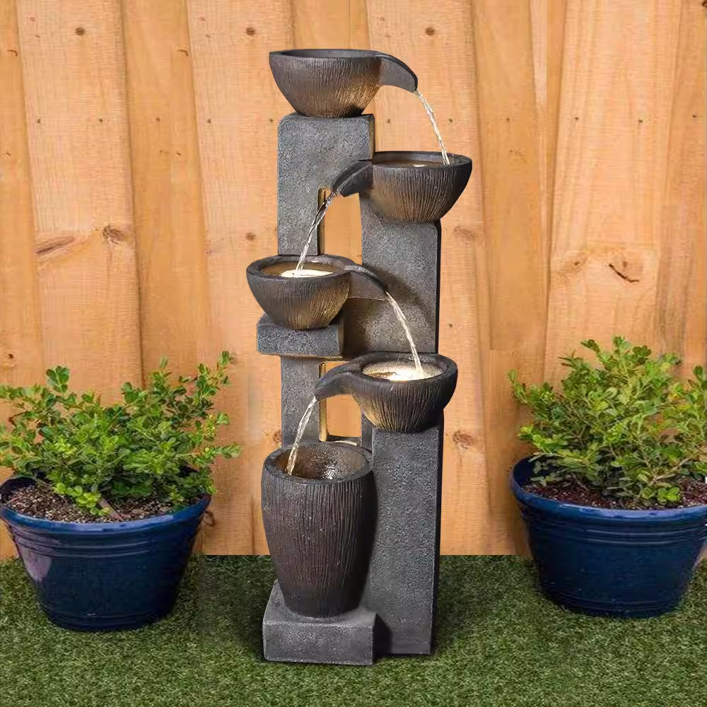 Watnature 5-Tiers Outdoor Water Fountains with LED Lights, 39 in. Floor Standing Waterfall Fountains for Garden, Patio, Porch