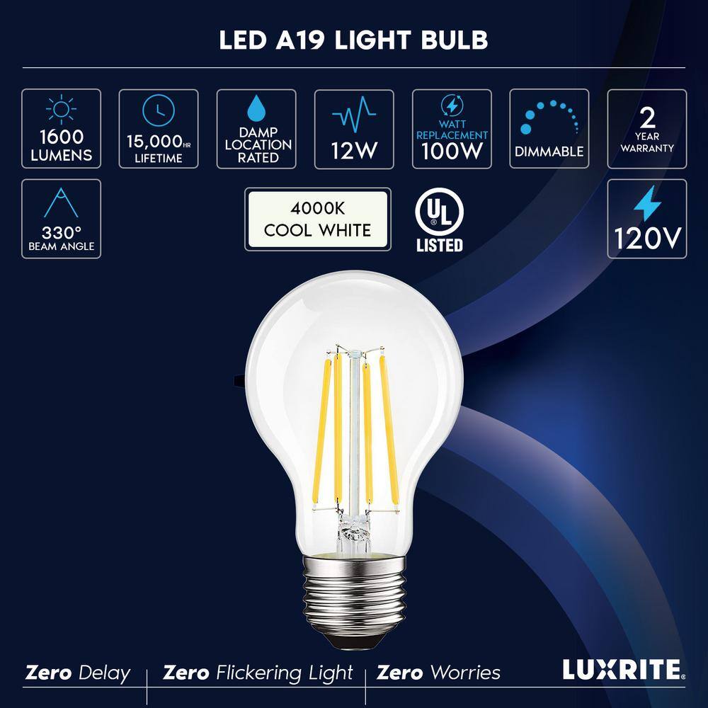 None 100-Watt Equivalent A19 1600 Lumens Dimmable E26 Edison LED Light Bulb 12-Watt Damp Rated UL 4000K Cool White (4-Pack)