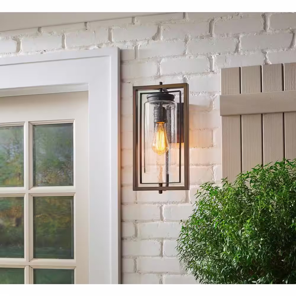 Home Decorators Collection Palermo Grove 8 in. 1-Light Gilded Iron Rustic Farmhouse Outdoor Wall Lantern Sconce with Walnut Wood Accents