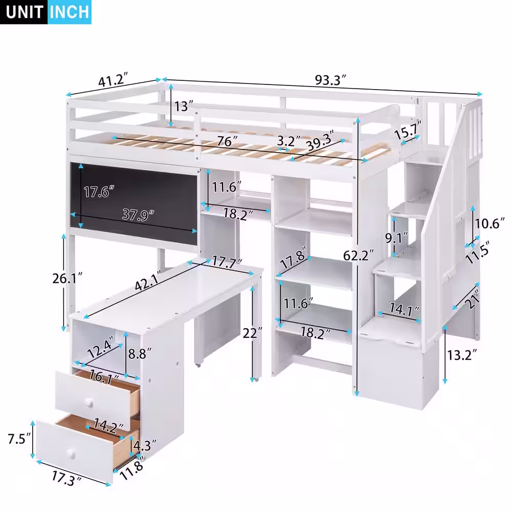 Harper & Bright Designs White Twin Size Loft Bed with Blackboard, Pullable Desk, Storage Shelves and Staircase
