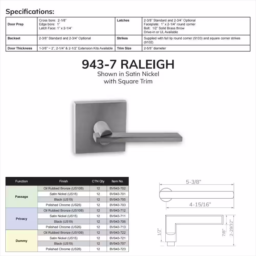 None Bravura 943-7 Passage (Hall/Closet) Door Lever Satin Nickel