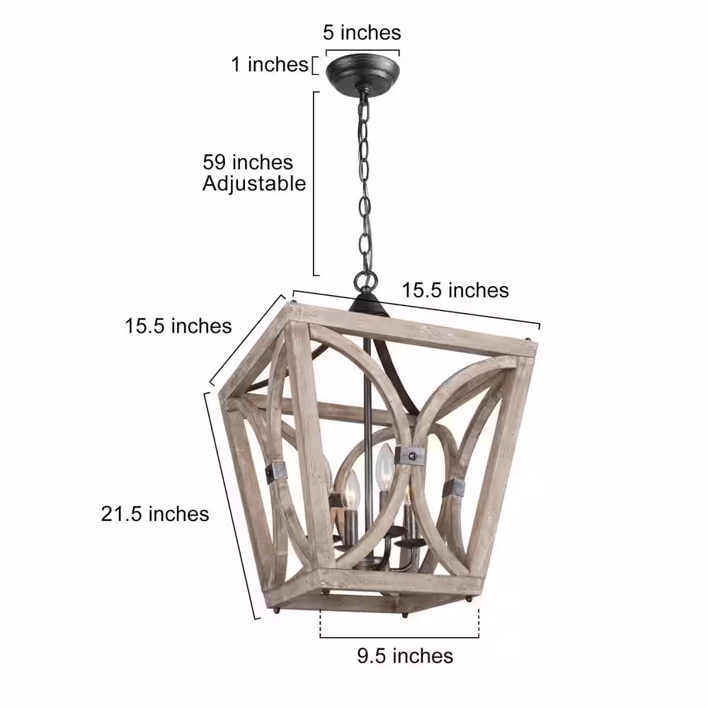 Uolfin Modern Farmhouse Cage Dining Room Chandelier 4-Light Handcrafted Wood Chandelier