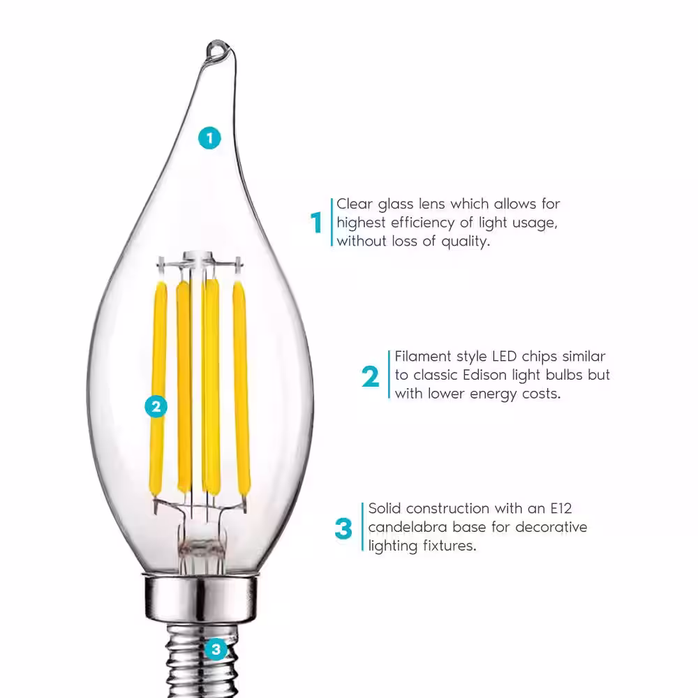 LUXRITE 60-Watt Equivalent 5-Watt E12 Base Chandelier LED Light Bulb 3500K Natural White Dimmable, Flame Tip (24-Pack)
