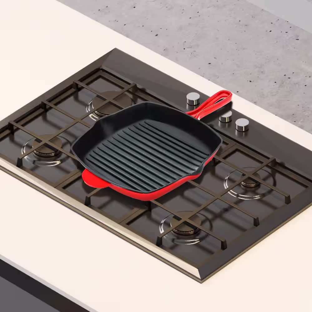 NutriChef Kitchen Skillet Grill Pan - Square Cast Iron Skillet Grilling Pan with Non-Stick Enamel Coating