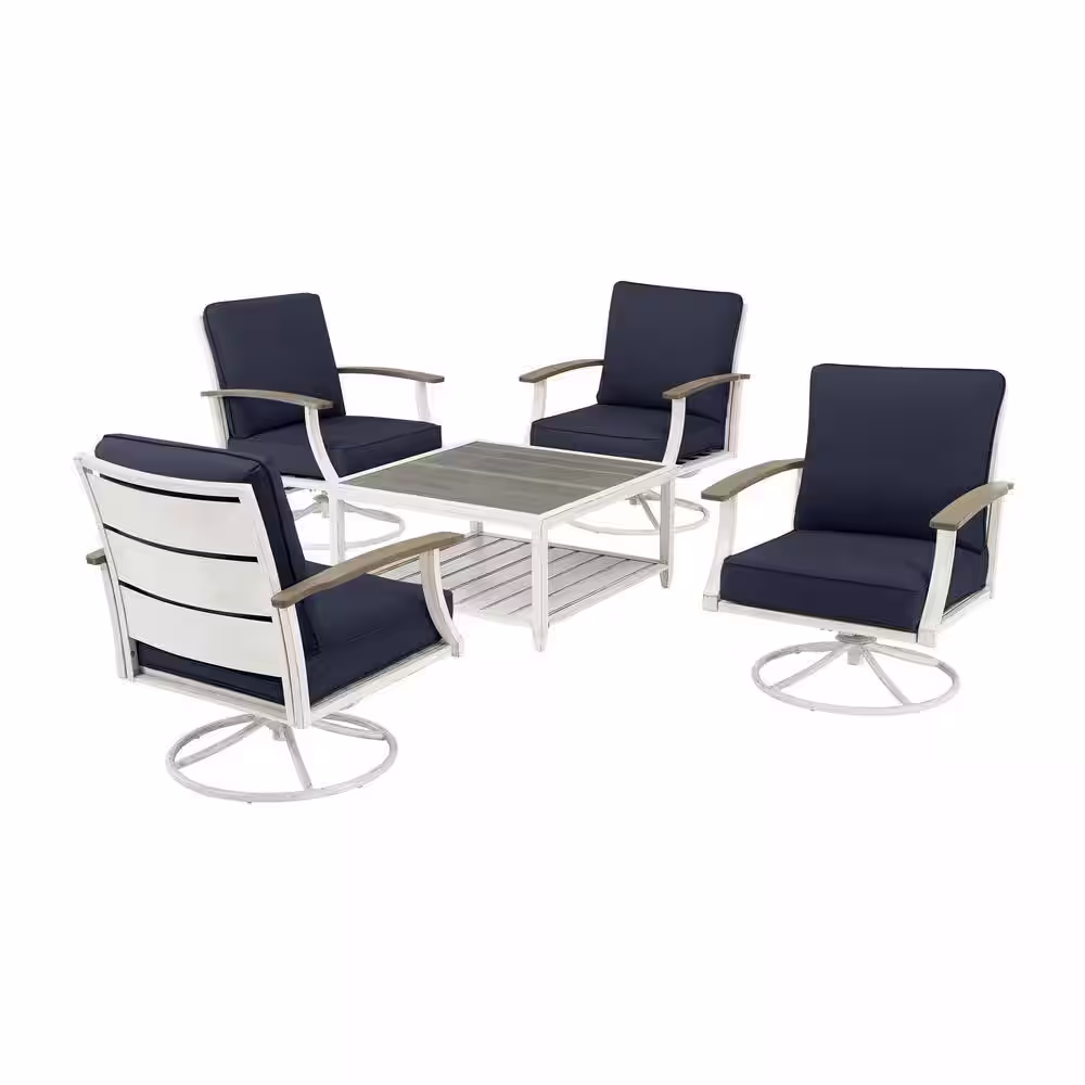 Hampton Bay Marina Point 5-Piece White Steel Motion Outdoor Patio Conversation Seating Set with CushionGuard Midnight Cushions