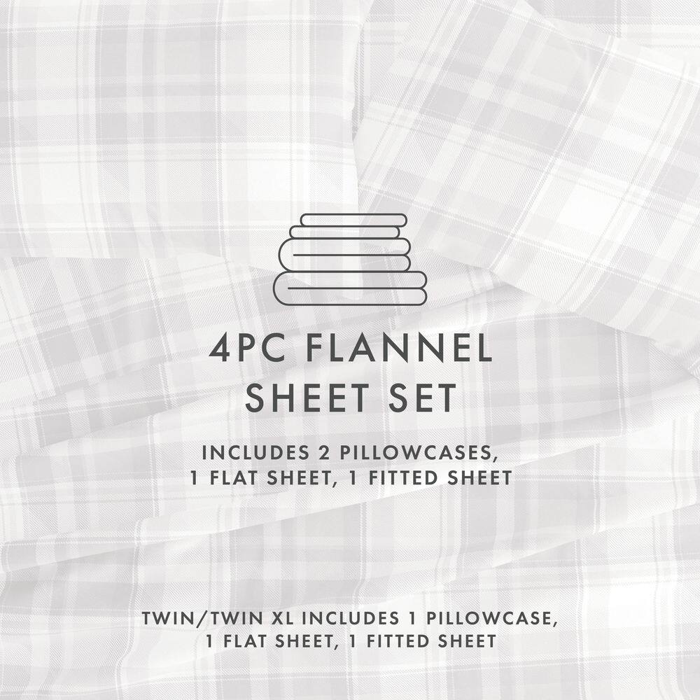 Becky Cameron Premium 4 Piece Light Gray Plaid Flannel California King Sheet Set