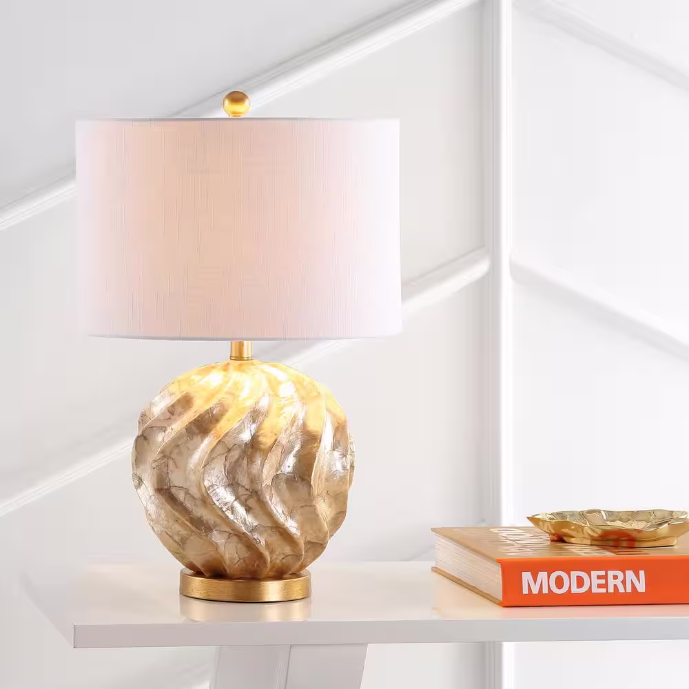 None Versailles 24 in. Sphere sea shell LED Table Lamp, Brown/Gold