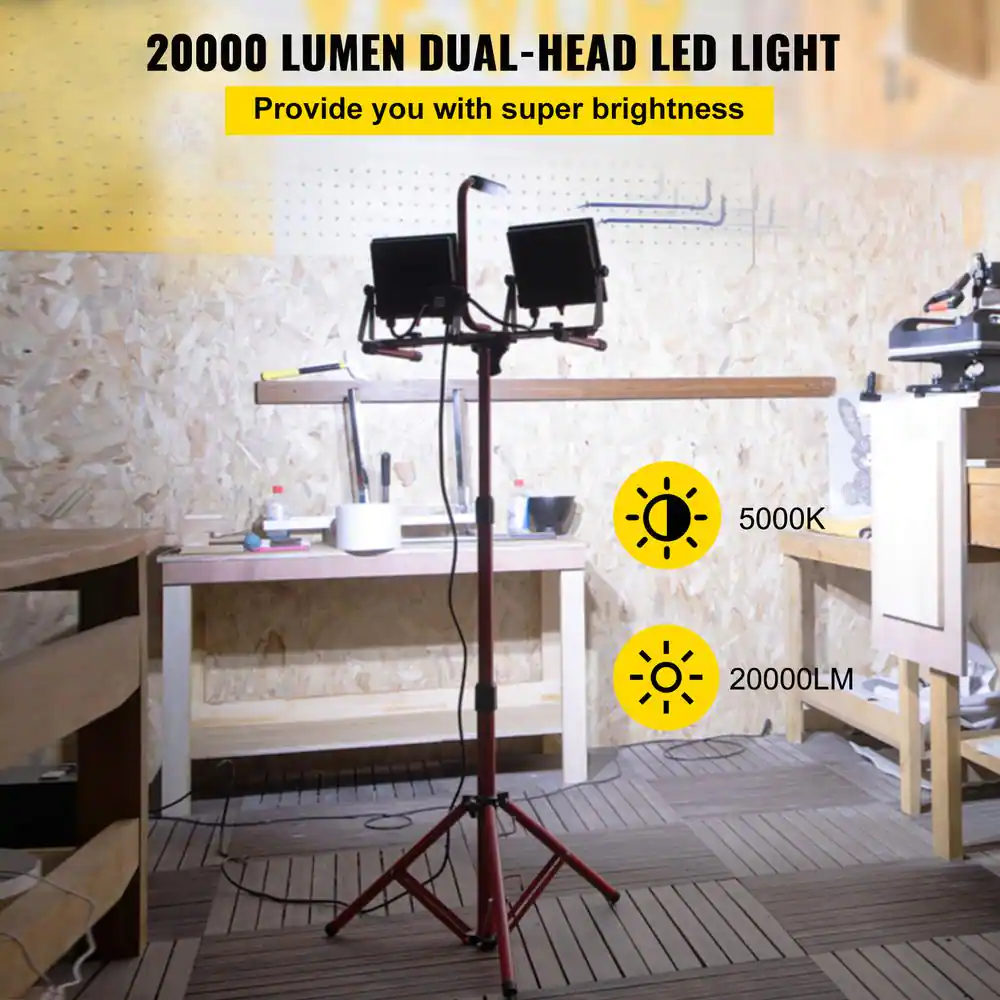 VEVOR Waterproofed Work Light with Stand 20000 Lumens Dual-head LED Work Light with Adjustable and Foldable Tripod Stand