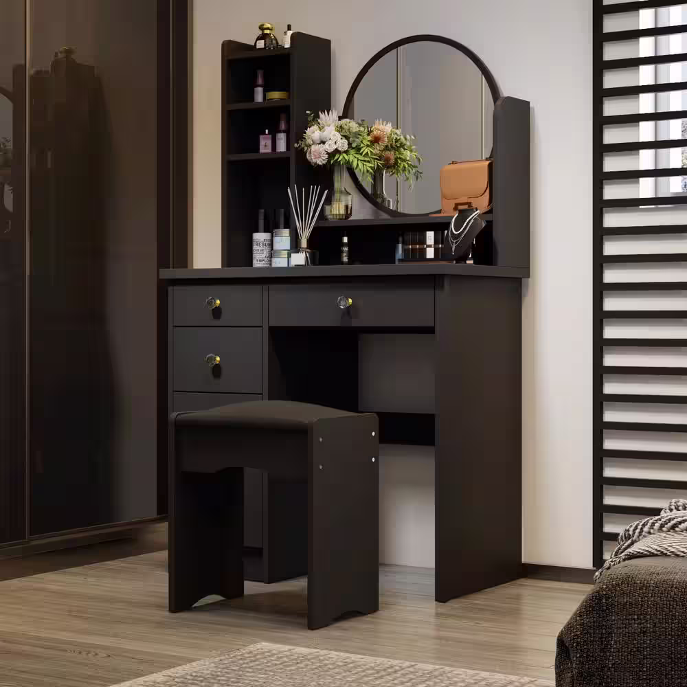WIAWG 5-Drawers Black Makeup Vanity Sets Dressing Table Set with Stool, Mirror and Storage Shelves Girls Dressing Table
