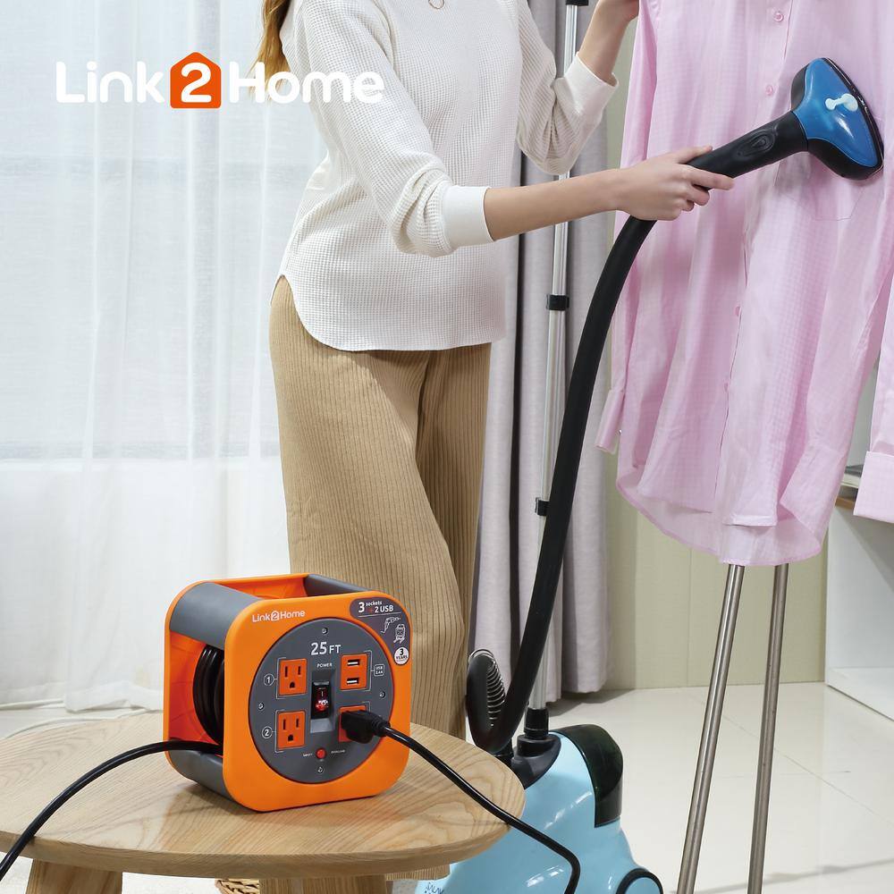 Link2Home 25 ft. 16/3 Extension Cord Storage Reel with 3 Grounded Outlets 2 USB 3.4 Amp and Overload Reset Button