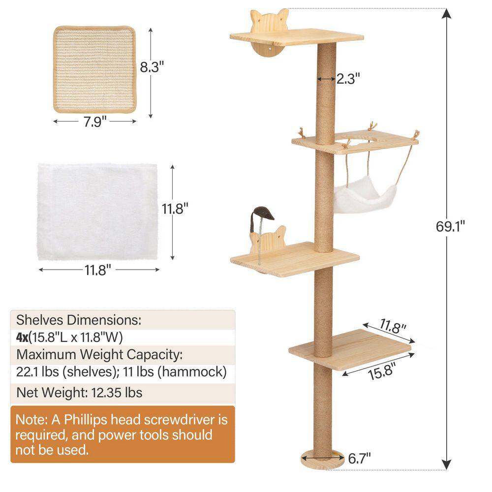 None 69.1 in. Small to Large Wooden Cat Trees, Wall-Mounted Cat Scratching Pad with Hammock
