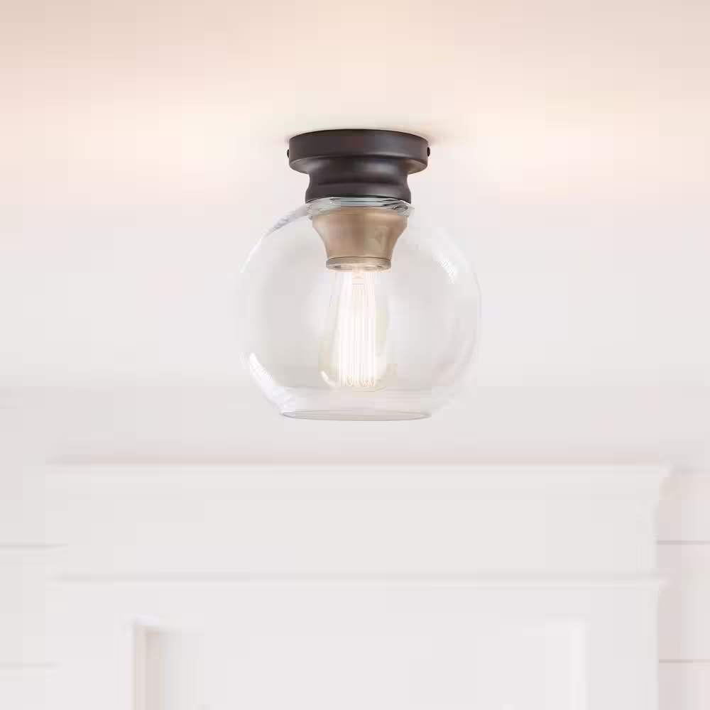 Home Decorators Collection Evelyn 8 in. 1-Light Modern Industrial Bronze Flush Mount Ceiling Light with Clear Glass Shade