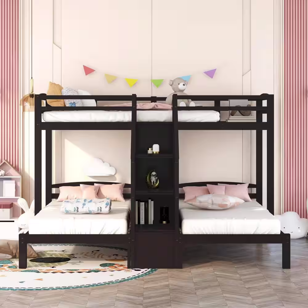 None Espresso Twin Over Twin and Twin Bunk Bed with Staircases Wooden Triple Bunk Beds with Drawers and Guardrail for 3-Kids