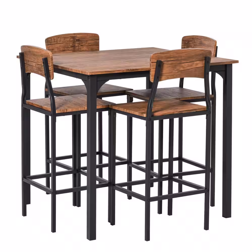 HOMCOM 5-Piece Walnut Counter-Height Dining Table Set with Footrests and Metal Legs