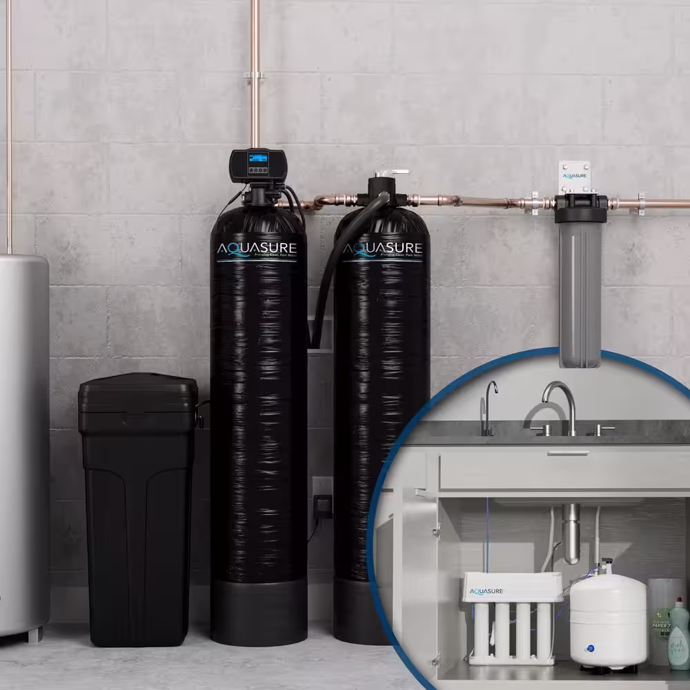 AQUASURE Signature Series Complete Whole House Water Filtration System with Fine Mesh Resin - 64,000 Grains