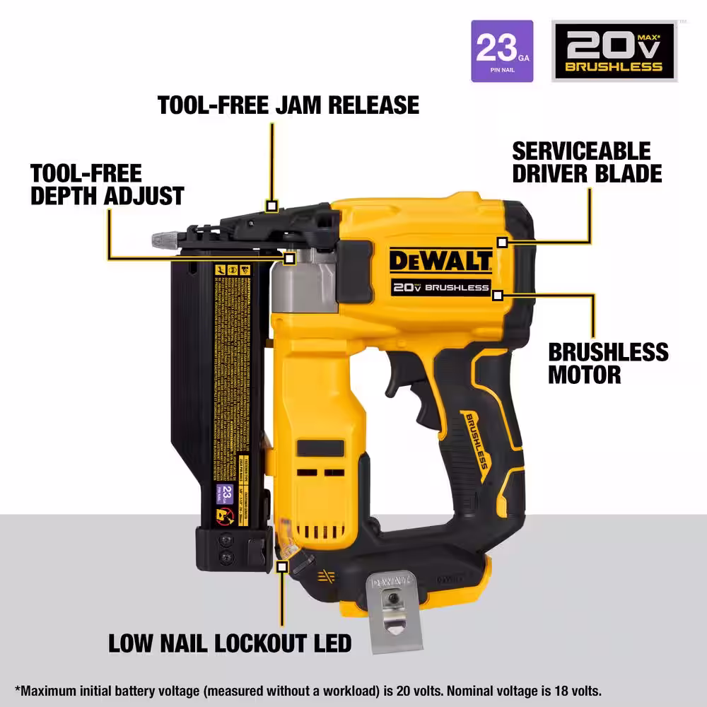 DEWALT ATOMIC 20V MAX Lithium Ion Cordless 23 Gauge Pin Nailer w/20V MAX Compact Lithium-Ion 3Ah Battery and 12V to 20V Charger