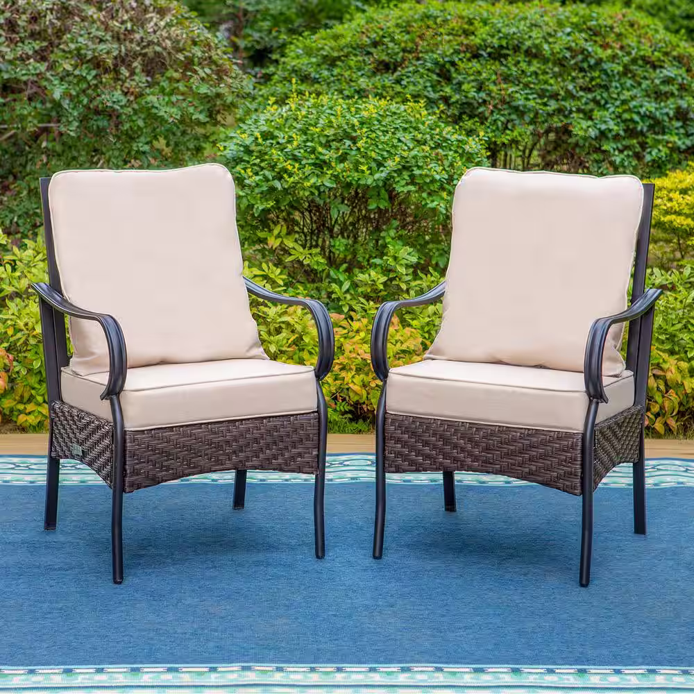 None 7-Piece Metal Patio Outdoor Dining Set with Rectangle Wood-Look Table and Chairs with Beige Cushions
