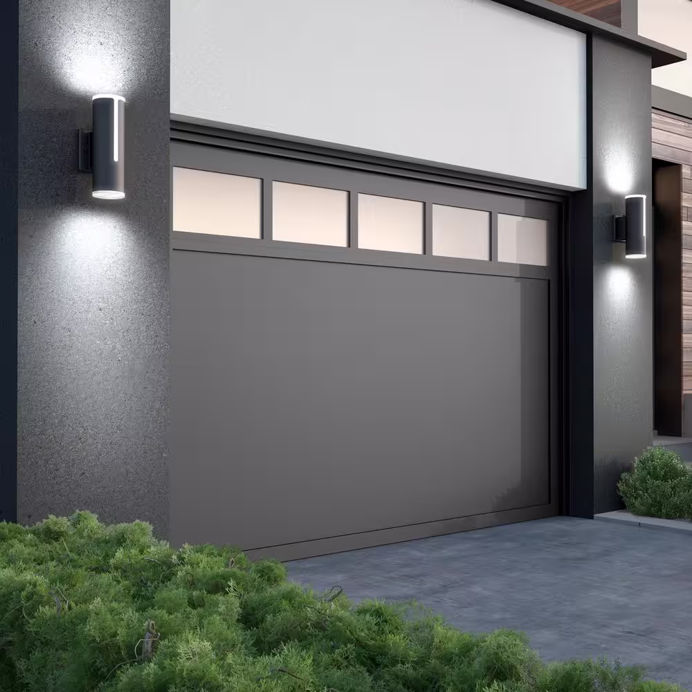 Artika Linea Black Modern Dusk to Dawn Integrated LED Outdoor Hardwired Garage and Porch Light Cylinder Sconce