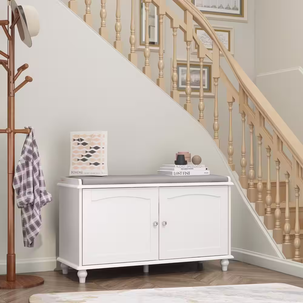 None 20.8in. Hx35.8in. W, 8-Pair White Wooden Shoes Storage Bench, Shoes Cabinet with Adjustable Shelves