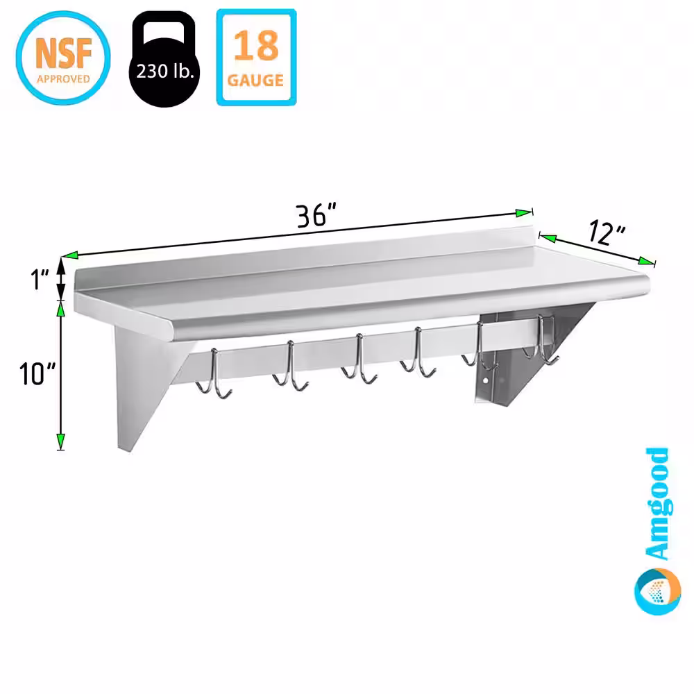 None 12 in. W x 36 in. D Stainless Steel Wall Mounted Pot Rack with Shelf Kitchen, Restaurant Room. Decorative Wall Shelf