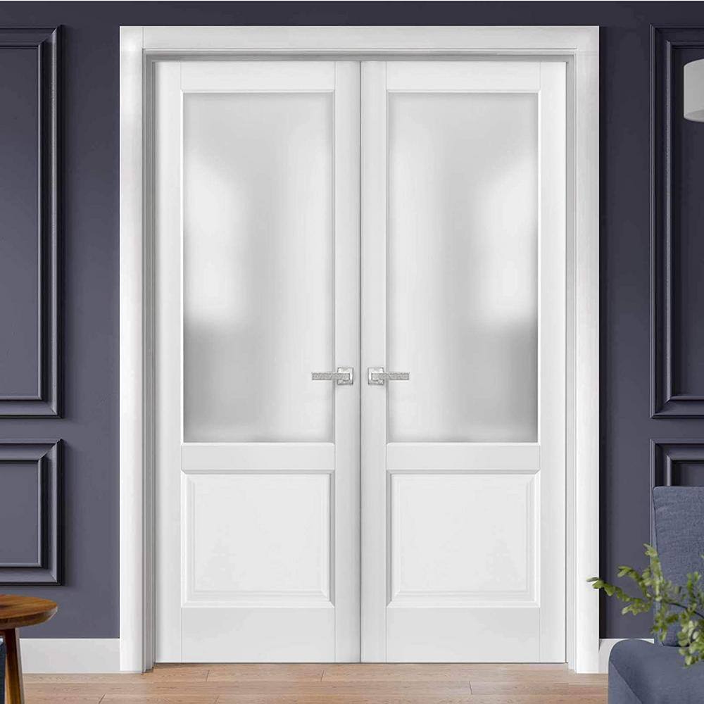 Sartodoors 1422 64 in. x 80 in. Universal Handling Frosted Glass Solid Core White Finished Pine Wood Interior Door Slab