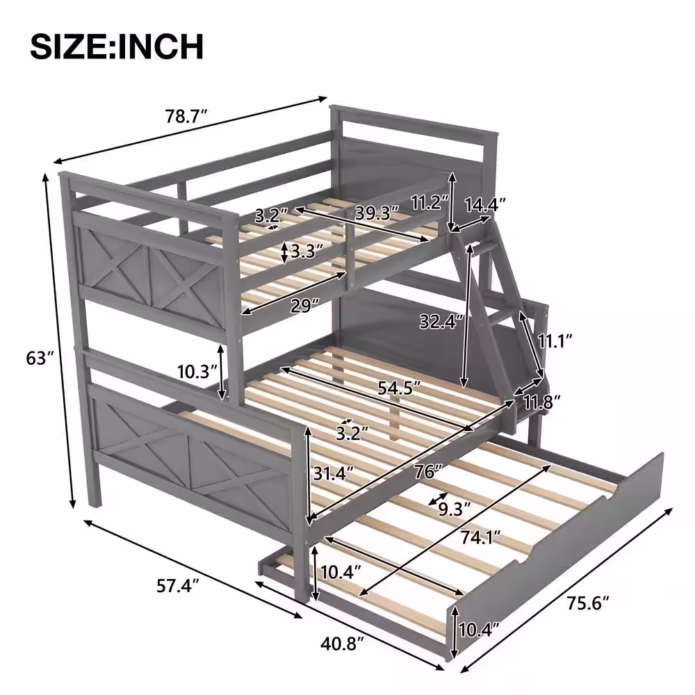 Harper & Bright Designs Gray Twin Over Full Bunk Bed with Ladder and Twin Size Trundle