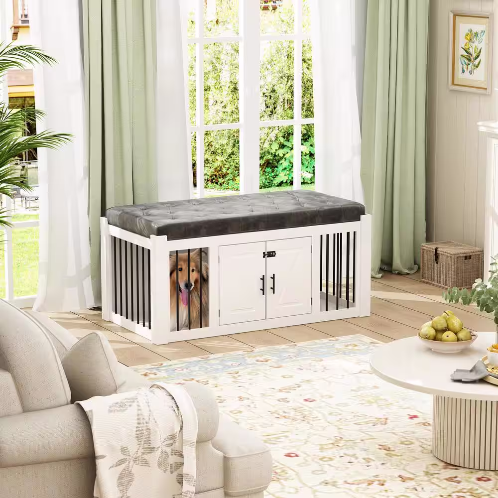 None Indoor Modern Crates Entryway Bench Furniture, Wooden Bed End Bench Dog Crate, Large Dog Kennel for Small Medium Pets
