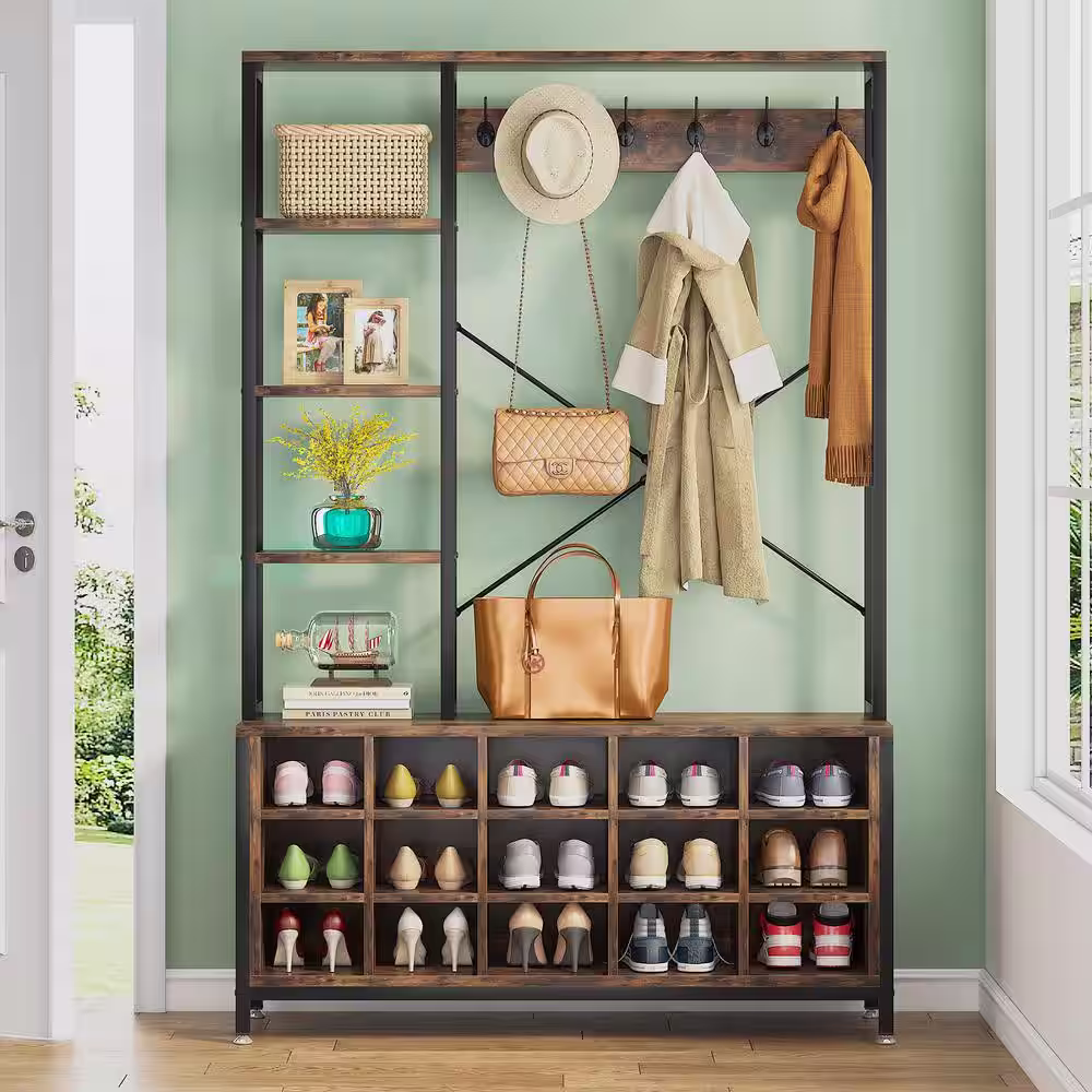 BYBLIGHT Carmalita Rustic Brown Garment Rack Hall Tree with Bench and 15 Pairs Shoes Storage Shelves