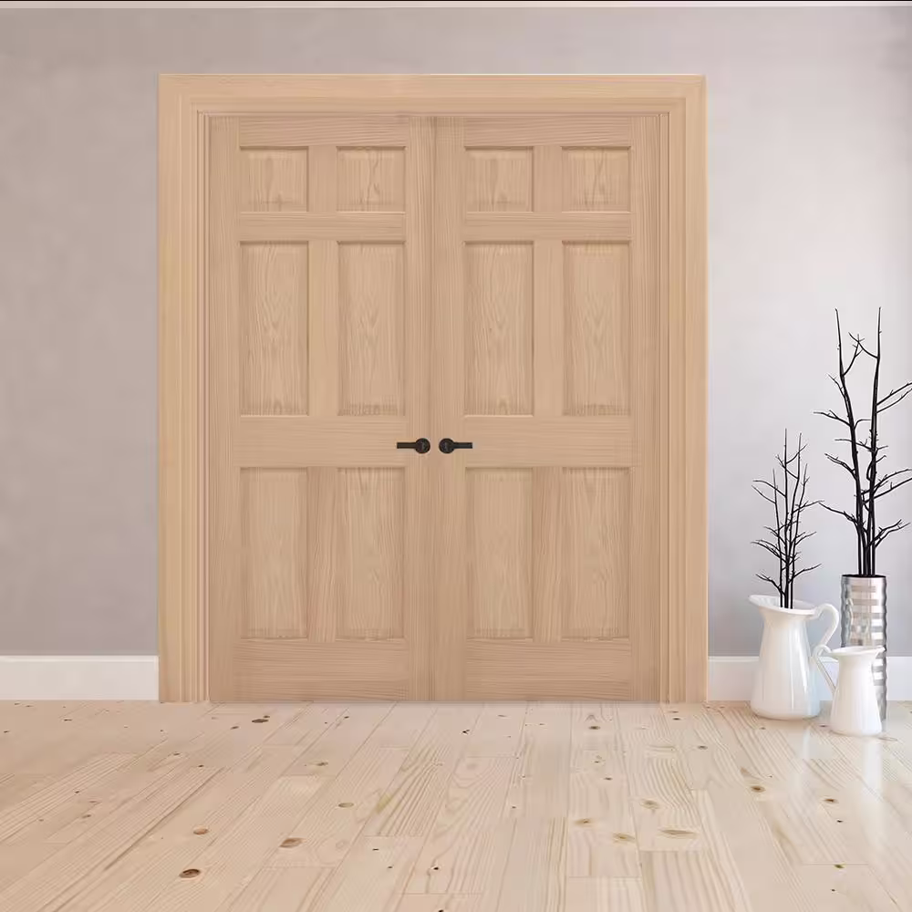 Steves & Sons 48 in. x 80 in. Universal 6-Panel Solid Unfinished Red Oak Wood Double Prehung Interior French Door with Bronze Hinges