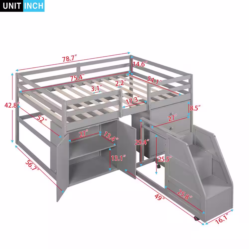 Harper & Bright Designs Gray Full Size Functional Loft Bed with Cabinets, Drawers and Staircase