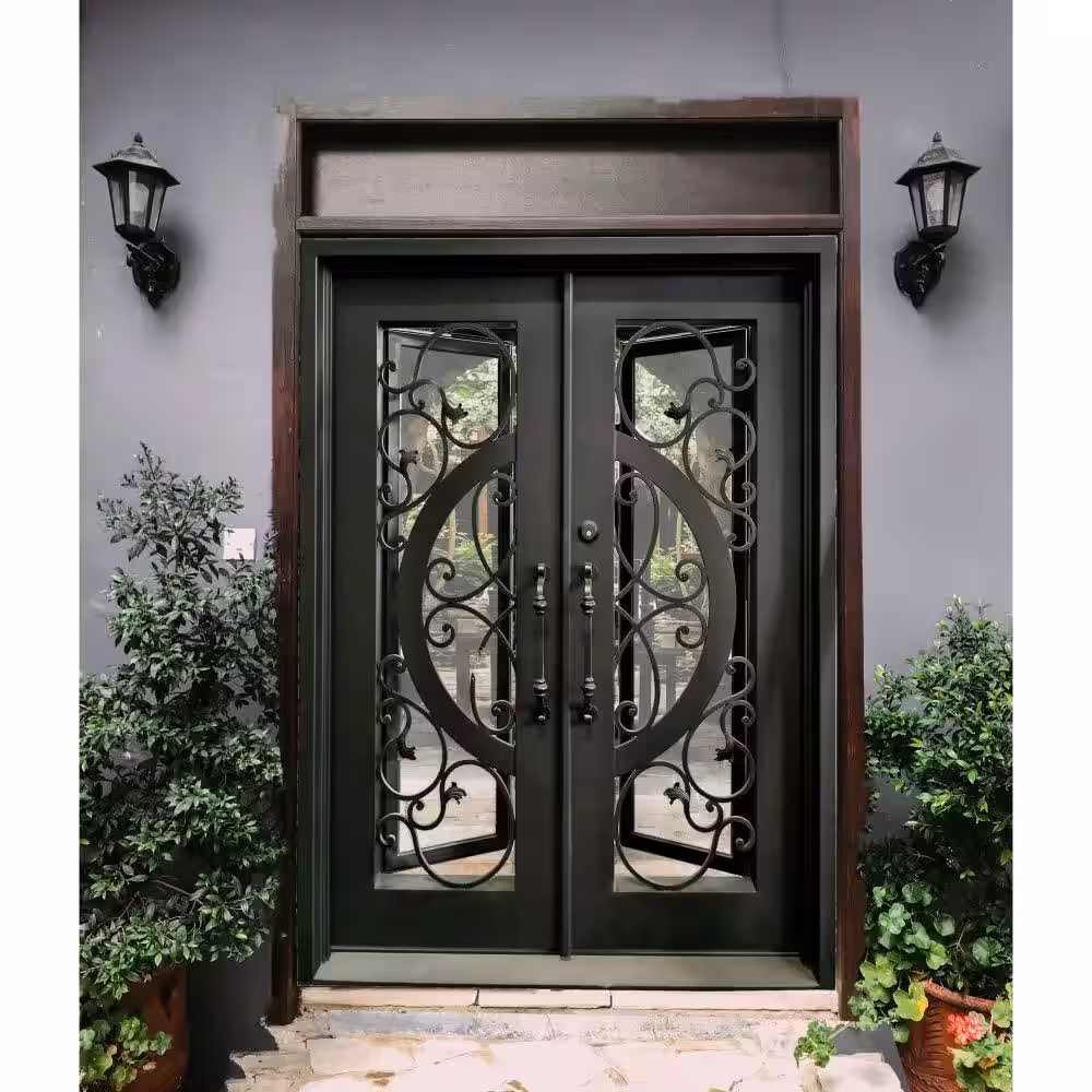 ALEKO 62 in. x 81 in. Matte Black Right-Hand Inswing Clear Iron Double Prehung Front Door