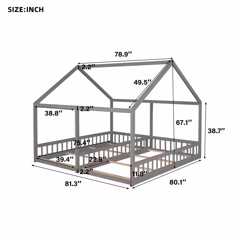 Harper & Bright Designs Gray Twin Size Wooden House Platform Beds with 2 Shared Beds