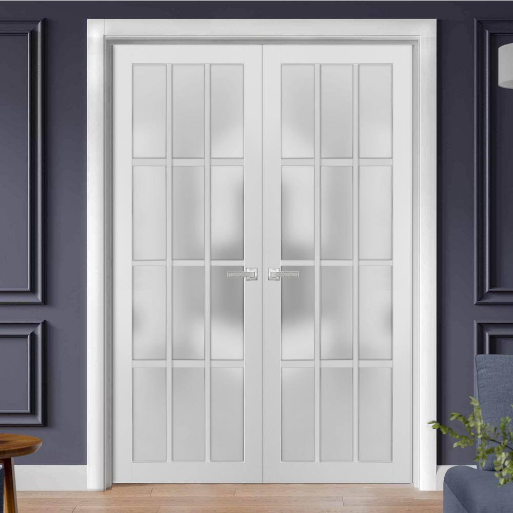 Sartodoors 3312 60 in. x 96 in. Universal Handling Frosted Glass Solid Core White Finished Pine Wood Double Prehung French Door
