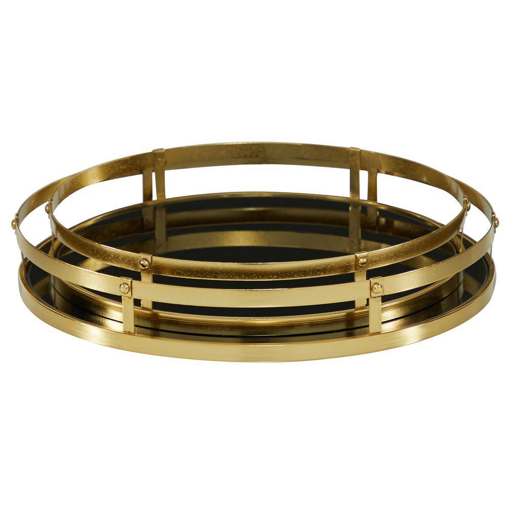 CosmoLiving by Cosmopolitan Gold Metal Decorative Tray with Black Glass (Set of 2)
