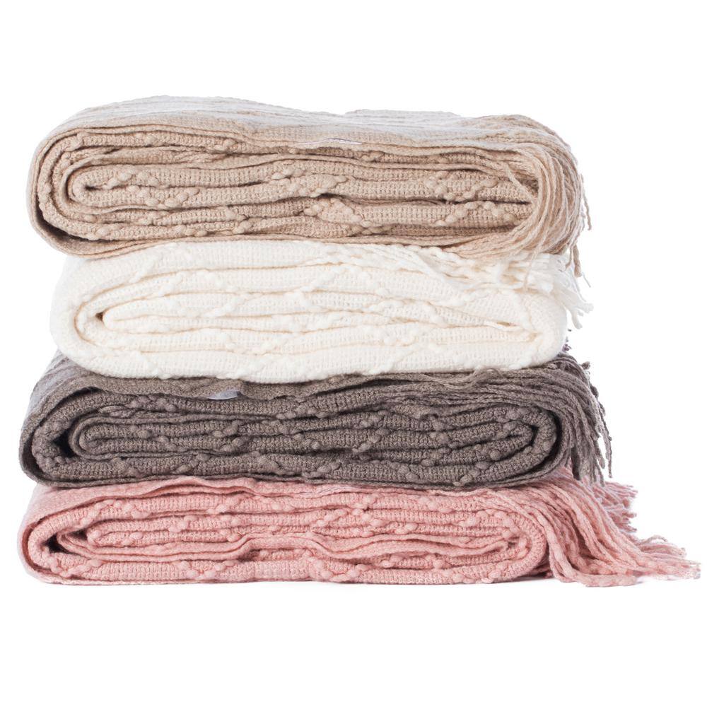 Quickway Imports Pink Decorative Diamond Pattern Knit Throw Blanket with Fringe