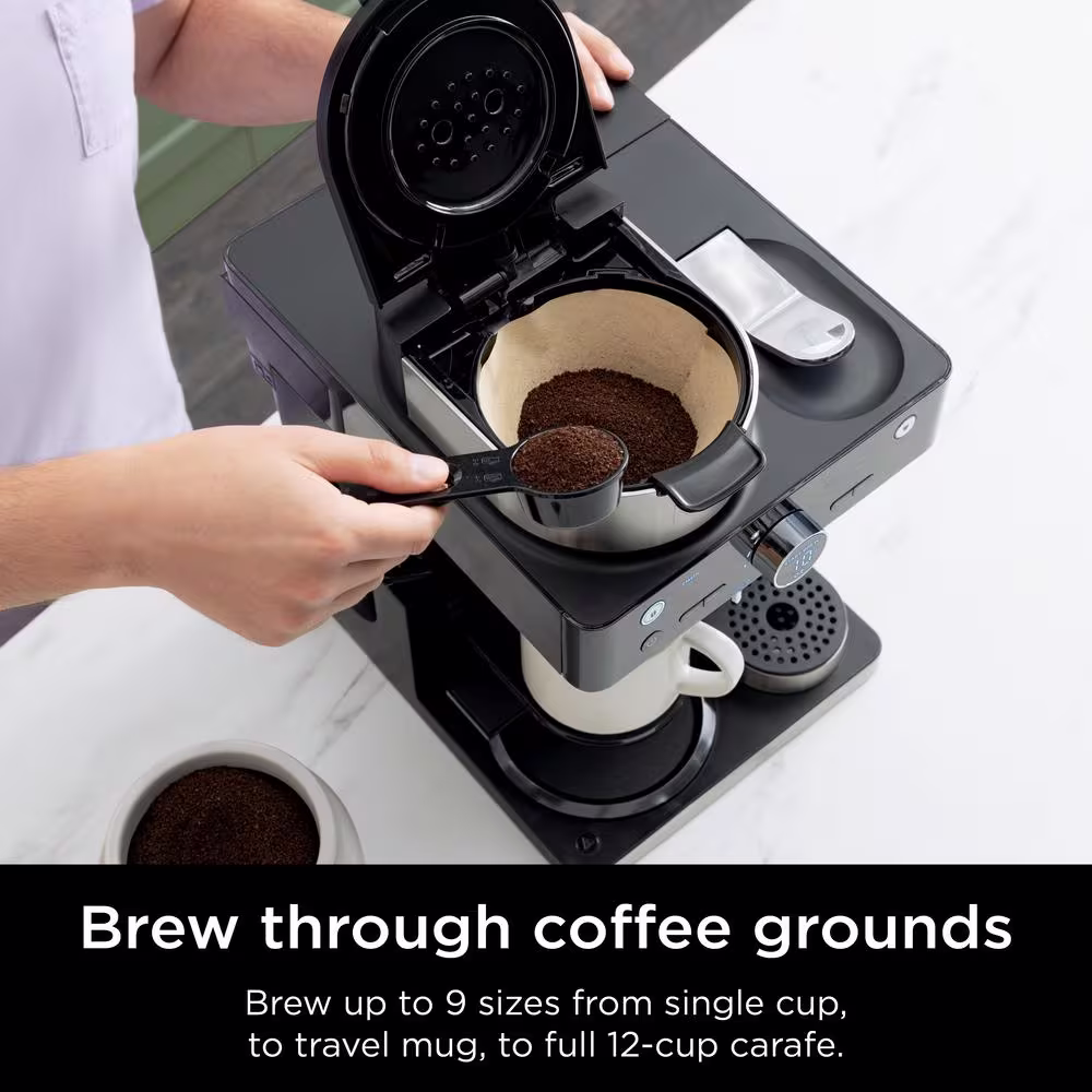 NINJA Espresso & Coffee System, Single-Serve & Nespresso Capsule Compatible, 12- Cup Black Stainless Steel Coffee Maker CFN601