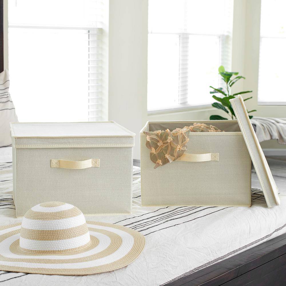 HOUSEHOLD ESSENTIALS 9.5 Gal. Square Storage Box with Lid in Cream
