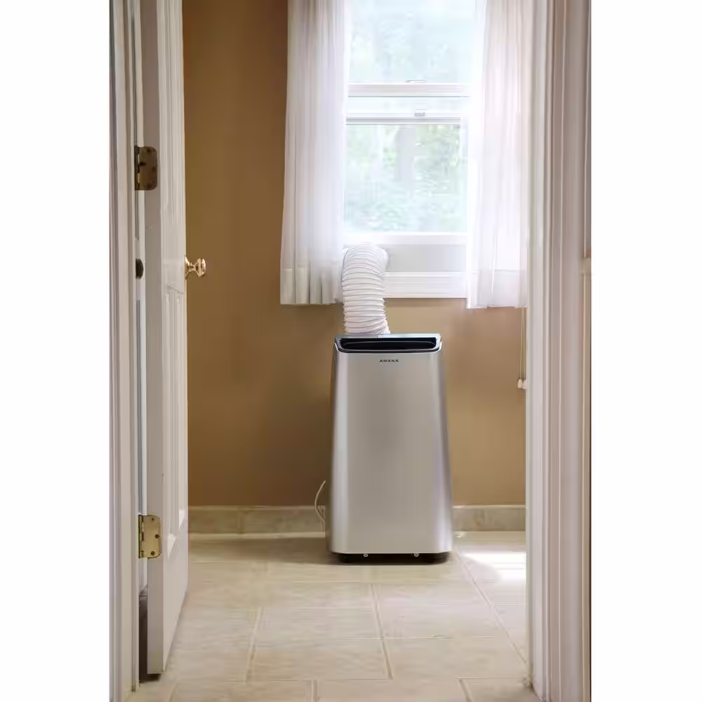 Amana 10000 BTU (6,500 BTU DOE) Portable AC with Remote 350 sq. ft. Timer 3-Speed LCD Display Auto-Restart Wheels Silver, Gray