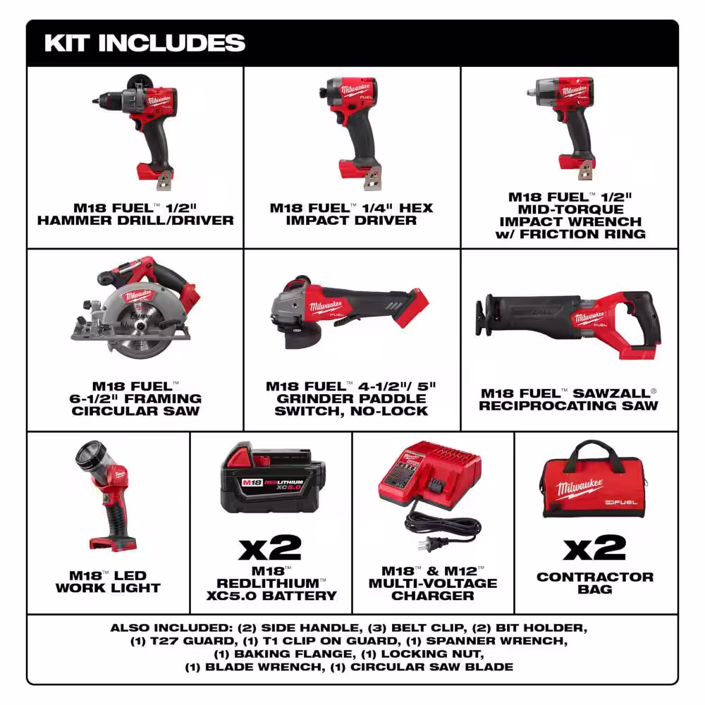 Milwaukee M18 FUEL 18V Lithium-Ion Brushless Cordless Combo Kit with Two 5.0 Ah Batteries (7-Tool) w/Multi-Tool & Jig Saw