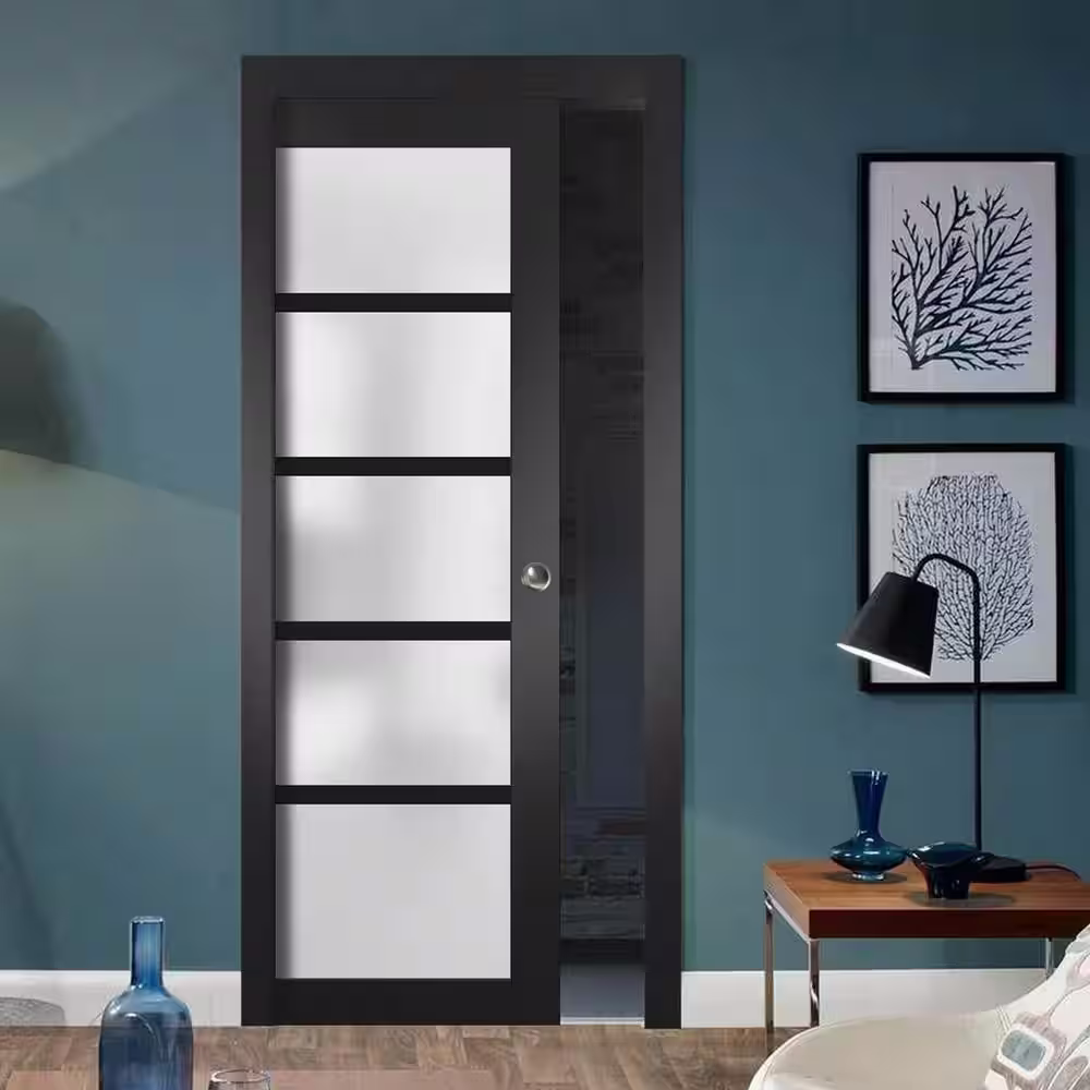 Sartodoors 4002 30 in. x 80 in. 5 Panel No Bore 5 Lites Frosted Glass Solid MDF Core Black Finished Pine Wood  Interior Door Slab