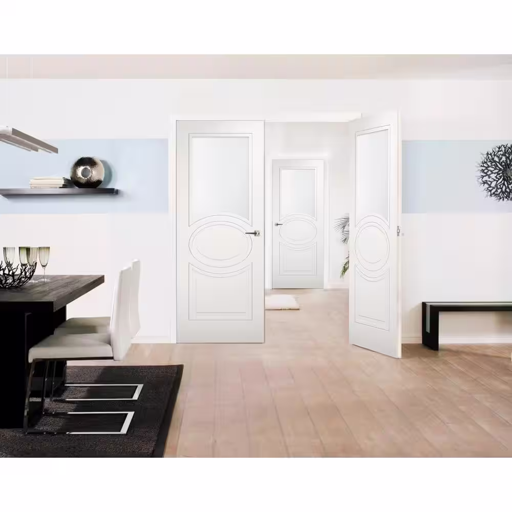 VDOMDOORS 7012 48 in. x 84 in. Universal Handling 1/2-Lite Frosted Glass Solid White Finished Pine MDF Double Prehung French Door
